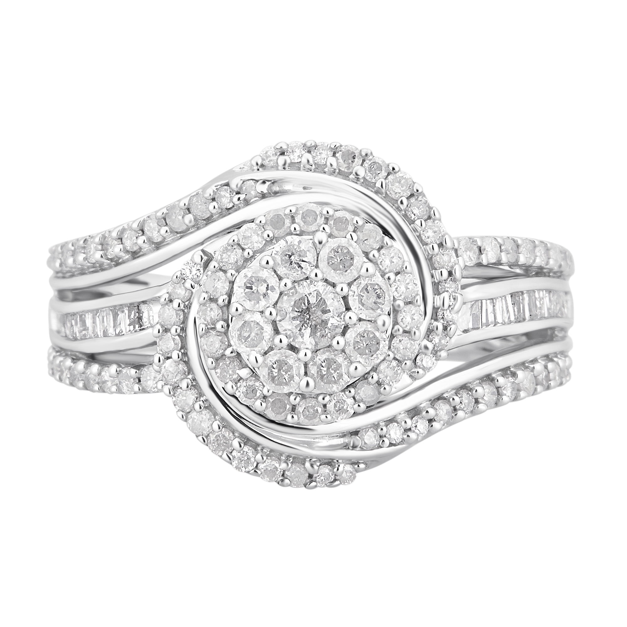 3/4 Carat T.W Diamond Cluster Sterling Silver Engagement Ring. (I-J/I2-I3)