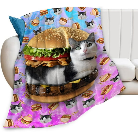 Funny Cat Blanket Super Soft Cozy Hamburger Cat Throw Blanket Lightweight Flannel Fleece Fuzzy Blankets Cat Lover Giftsfor Girls Boys Women Teens Adults 50"X40"