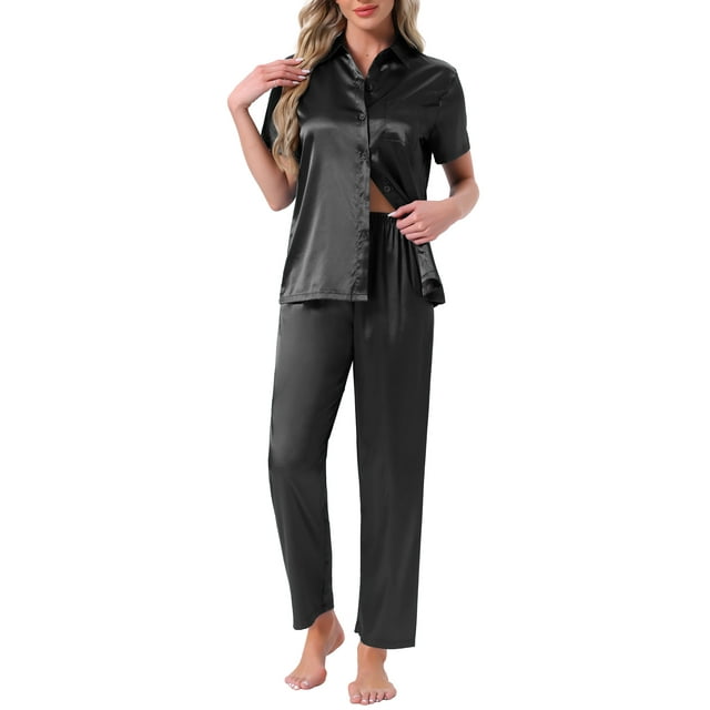 Conjunto de pijama de satén para mujer INSPIRE CHIC, camisa de botones de manga corta con solapa y pantalones, conjunto de ropa de casa de 2 piezas, XL, negro