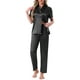 thumbnail image 1 of Conjunto de pijama de satén para mujer INSPIRE CHIC, camisa de botones de manga corta con solapa y pantalones, conjunto de ropa de casa de 2 piezas, XL, negro, 1 of 6