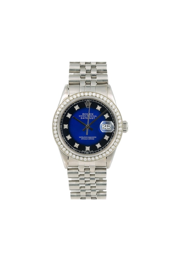 Pre-Owned Rolex Datejust 36MM 1601 Blue Diamond Dial Diamond Bezel Stainless Steel Jubilee Bracelet