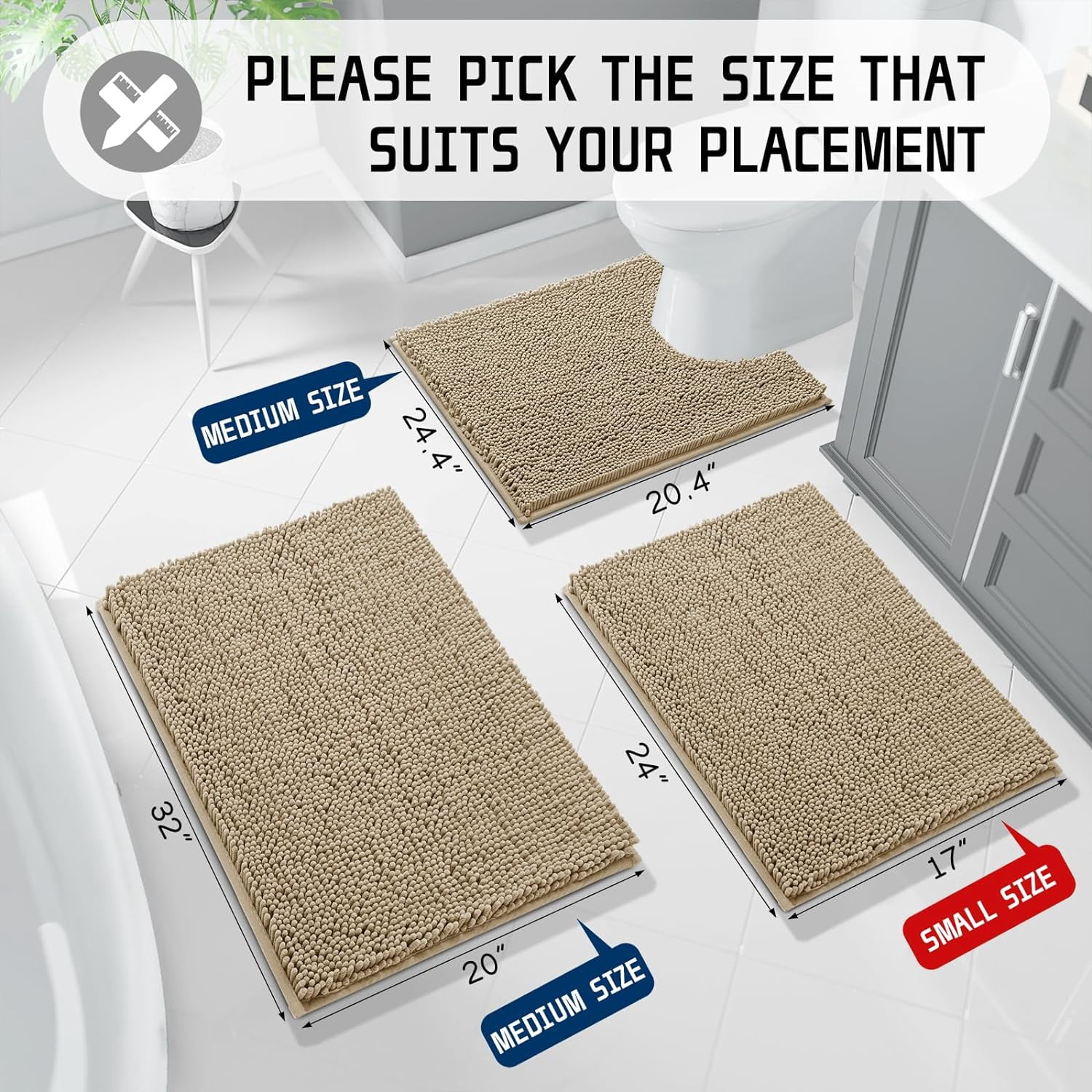 Bathroom Rug Mat, 32'' x 20'', Luxury Chenille Shaggy Bath Rugs, Extra Soft & Thick, Absorbent Water, Non-Slip, Machine Washable, Bath Mats for Bath Floor,Tub and Shower, Camel