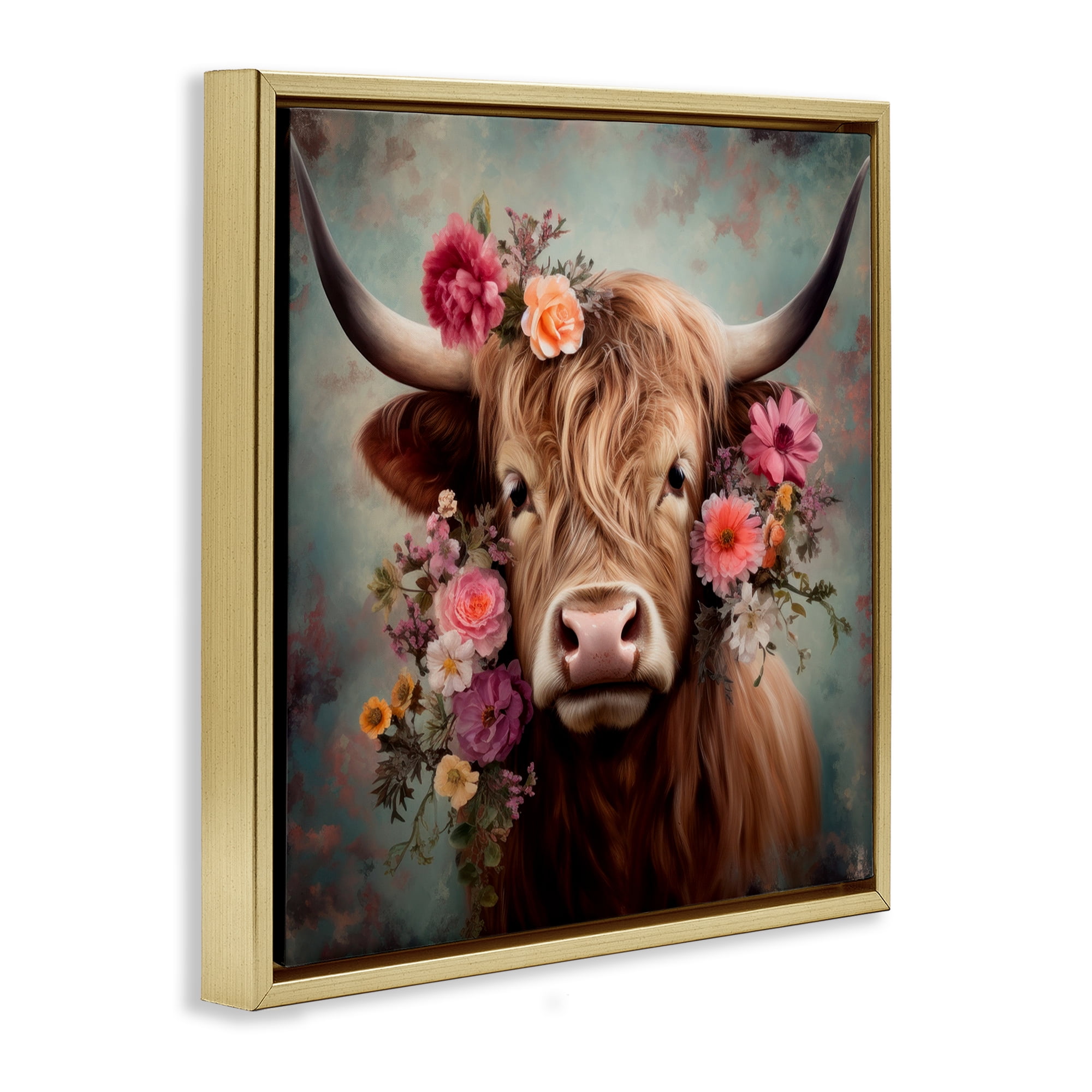 Stupell Industries Cattle with Gerbera Daisies Animals & Insects Painting Gold Floater Framed Canvas Art Print Wall Art, 18 x 18