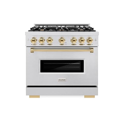 ZLINE Autograph Edition 36 in. 5.2 cu. ft. Classic Dual Fuel Range with 6 Burner Gas Cooktop and Electric Convection Oven in DuraSnow Stainless Steel with Polished Gold Accents (CDRSZ-36-G)