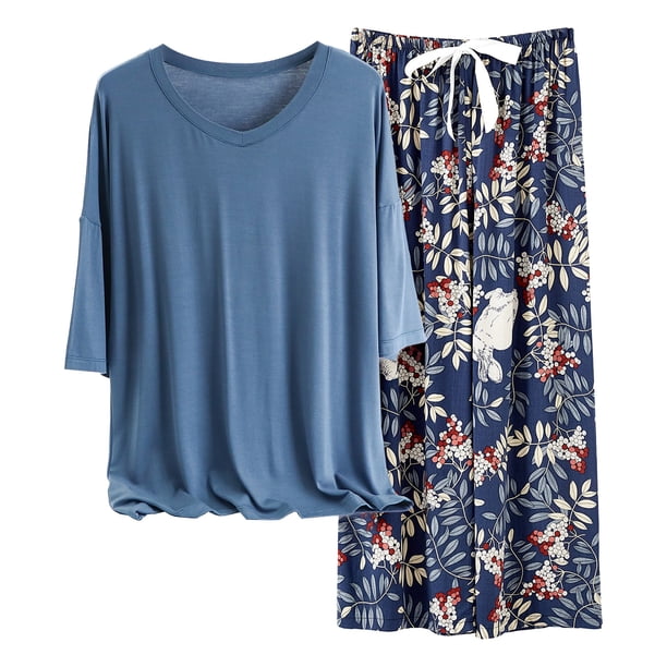 Gibobby Conjunto de pijama informal con estampado floral para mujer con top de manga corta y pantalones largos (Blue, Talla única)