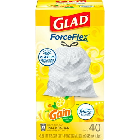 Glad ForceFlex Tall Kitchen Drawstring Trash Bags, 13 Gallon, Gain Lemon Zest, 40 Count