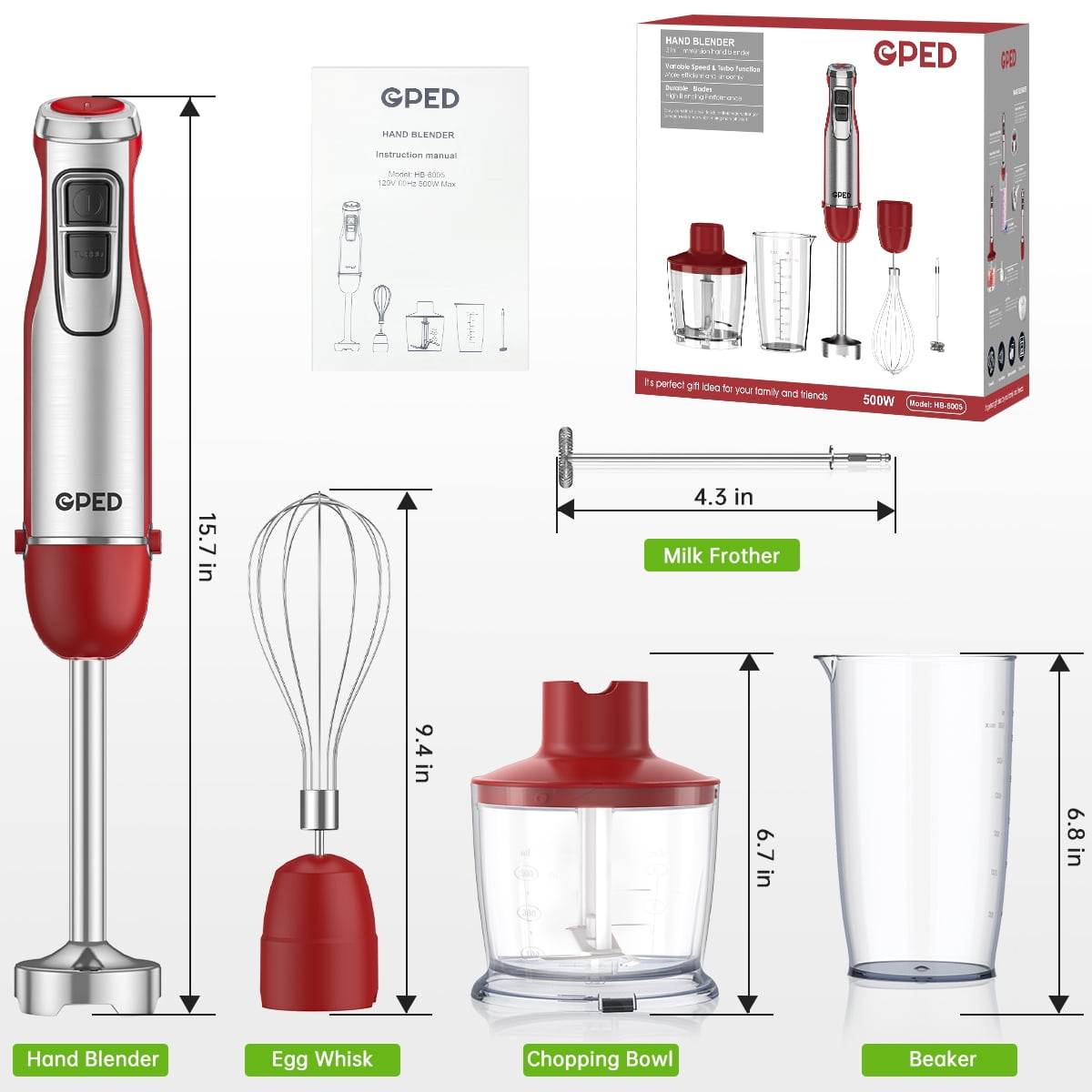 GPED Hand Blender, 5-in-1 Immersion Hand Blender,12 Speed Turbo Mode Stick Blender for Make Smoothie, Milk Shakes,Juice ,Sauces