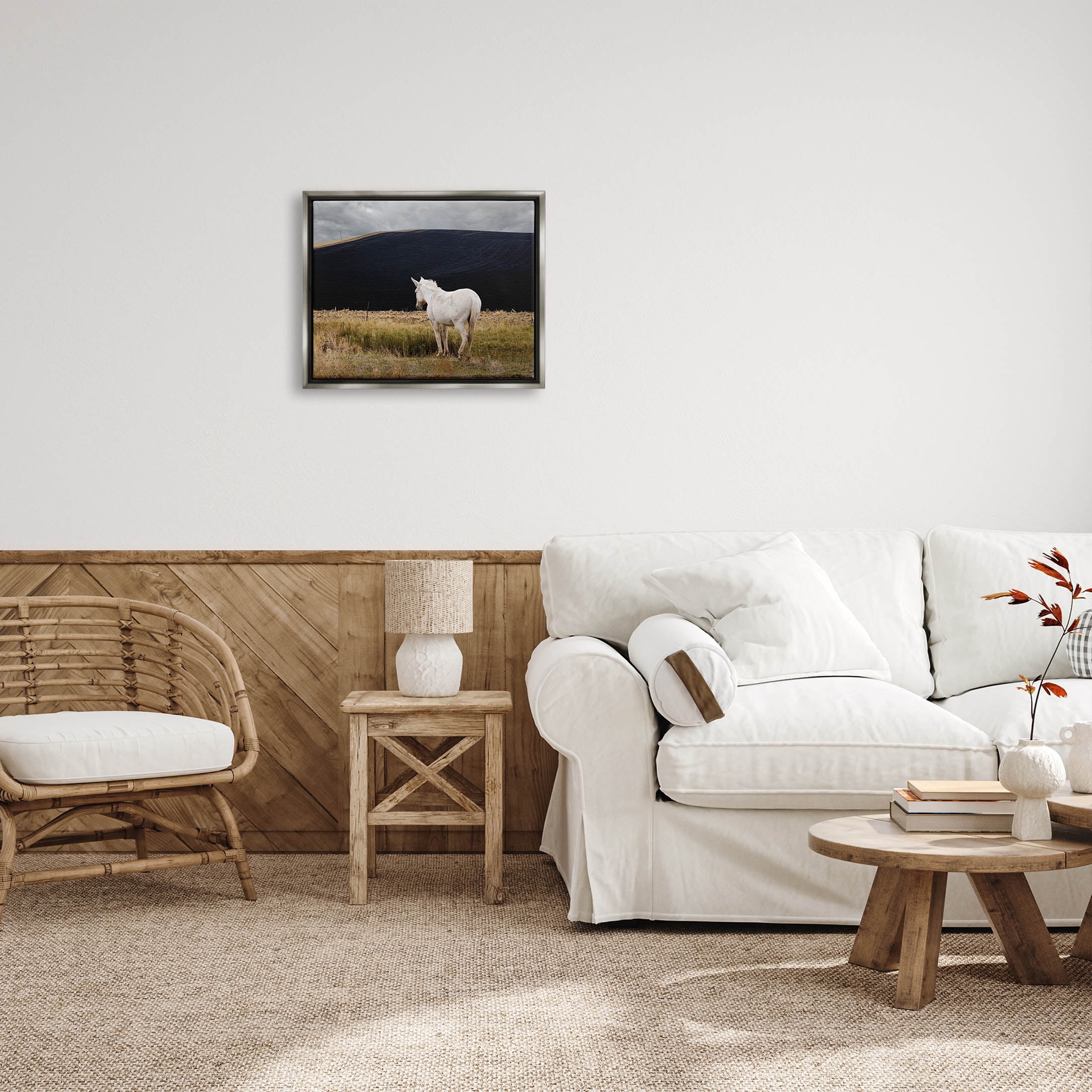 Stupell Industries Lone White Horse Vast Country Pasture Photograph Luster Gray Floating Framed Canvas Print Wall Art, Design by David Lorenz
