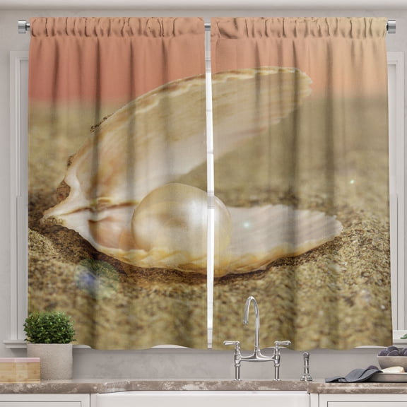 Ambesonne Oyster Kitchen Curtains, Seashell Pearl on Sand Print, 55"x30", Green Brown and Pale Sepia
