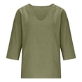 thumbnail image 4 of Oversized Tshirts for Women Casual V Neck 3/4 Sleeve Linen Blouse Loose Fit Solid Color Green Summer Tops for Women, 4 of 5