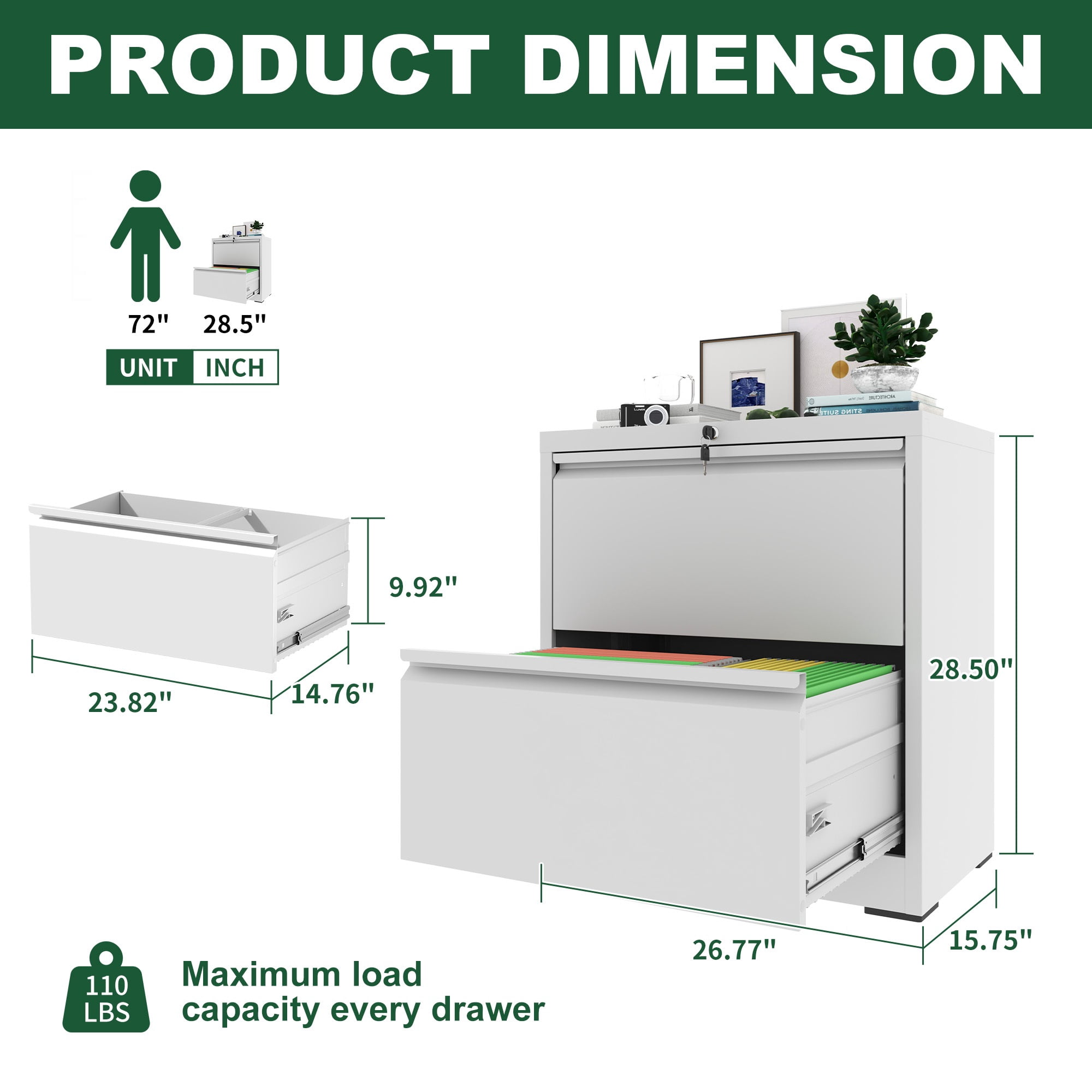2 Drawer Lateral File Cabinet with Lock, Metal Lateral Filing Cabinet for Home Office, Steel Wide Horizontal Filing Cabinets for Letter/Legal/A4/F4 Hanging Files (White)