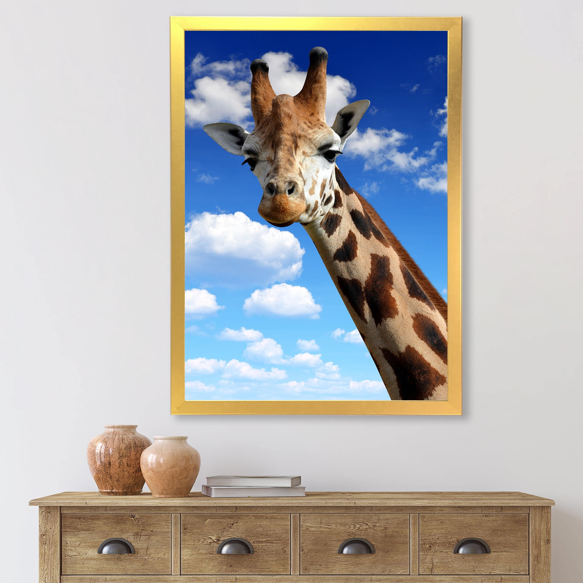 Designart 'A Giraffe On A Blue Sky Portrait' Farmhouse Framed Art Print
