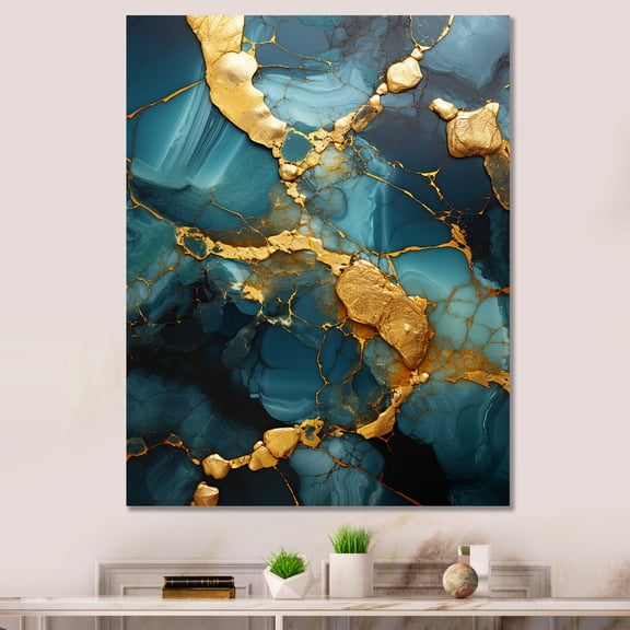Designart "Granite with Topaz Agate in Gold and Green II" Abstract Canvas Wall Art - Modern Gold Abstract Entryway Wall Art