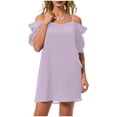 thumbnail image 4 of vigerkar Mini Dress for Women Sexy Off Shoulder Sundress Ruffle Sleeve Spaghetti Strap Lounge Dress Summer Vacation Dresses (Light Purple, L), 4 of 6