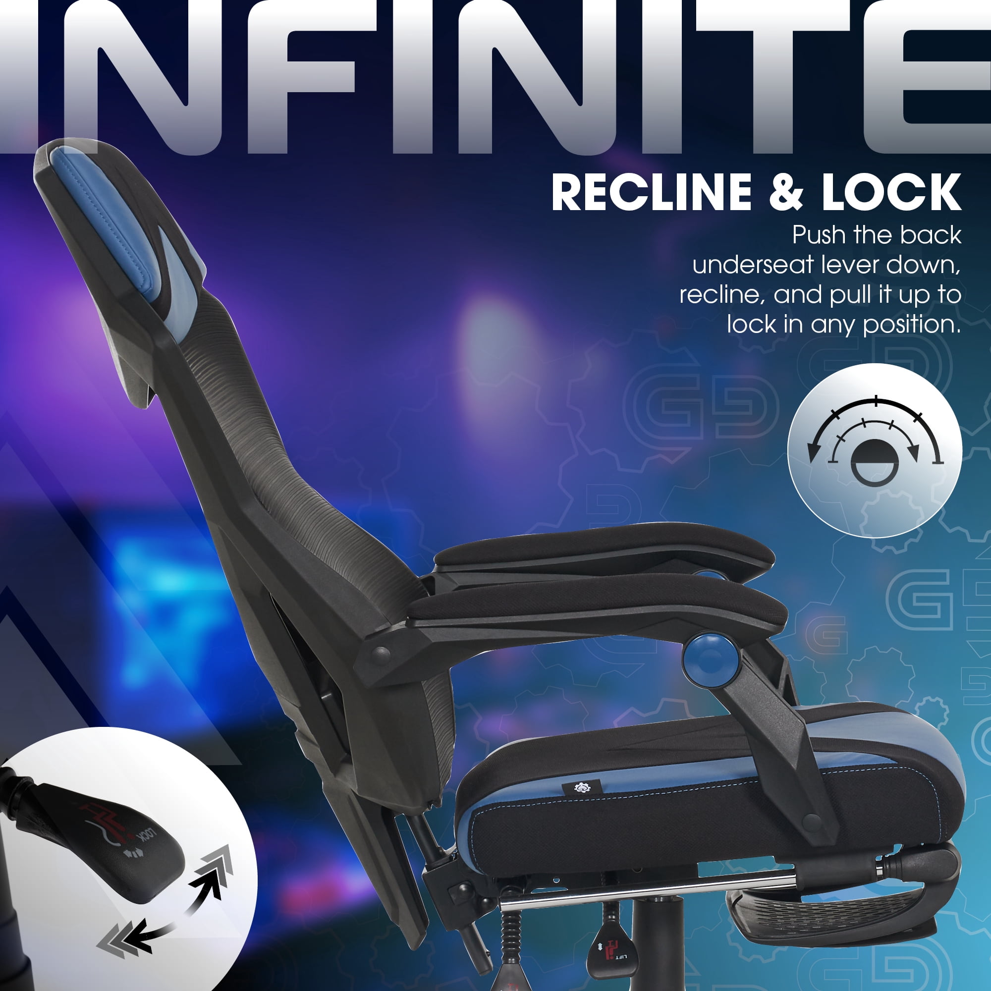 Gamer Gear Gaming Office Chair with Extendable Leg Rest, Blue/Black Fabric Upholstery