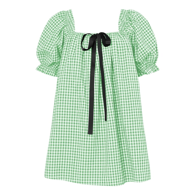 Bosfbaoi Dresses For Women Gingham Puff Sleeve Babydoll Dress Square Neck Bow Decor Women Dresses Casual Mini Sundress, Women's, Size: XL, Green