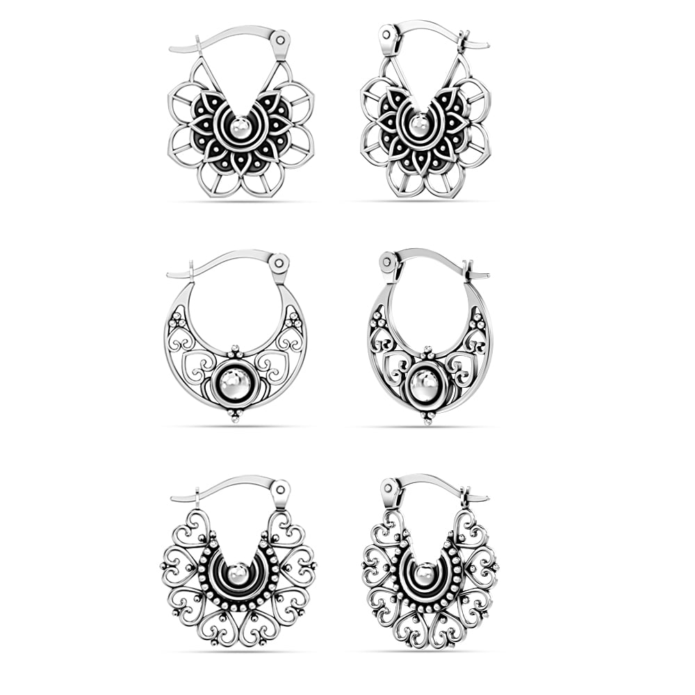 LeCalla 925 Sterling Silver Hypoallergenic SMALL Click-Top Filigree Hoop Earrings Jewelry for Female and Teen Set of 3 Pair (15MM, 15MM, 15MM)