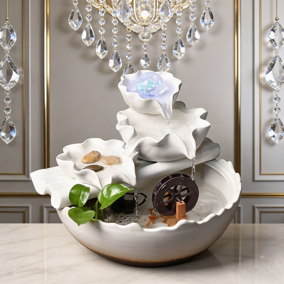 Waterfall Fountain Indoor Indoor With LED Lights, Decorative Tiered Rock And Waterfall Design, Quiet And Soothing Water Sound, Desktop Water Fountain