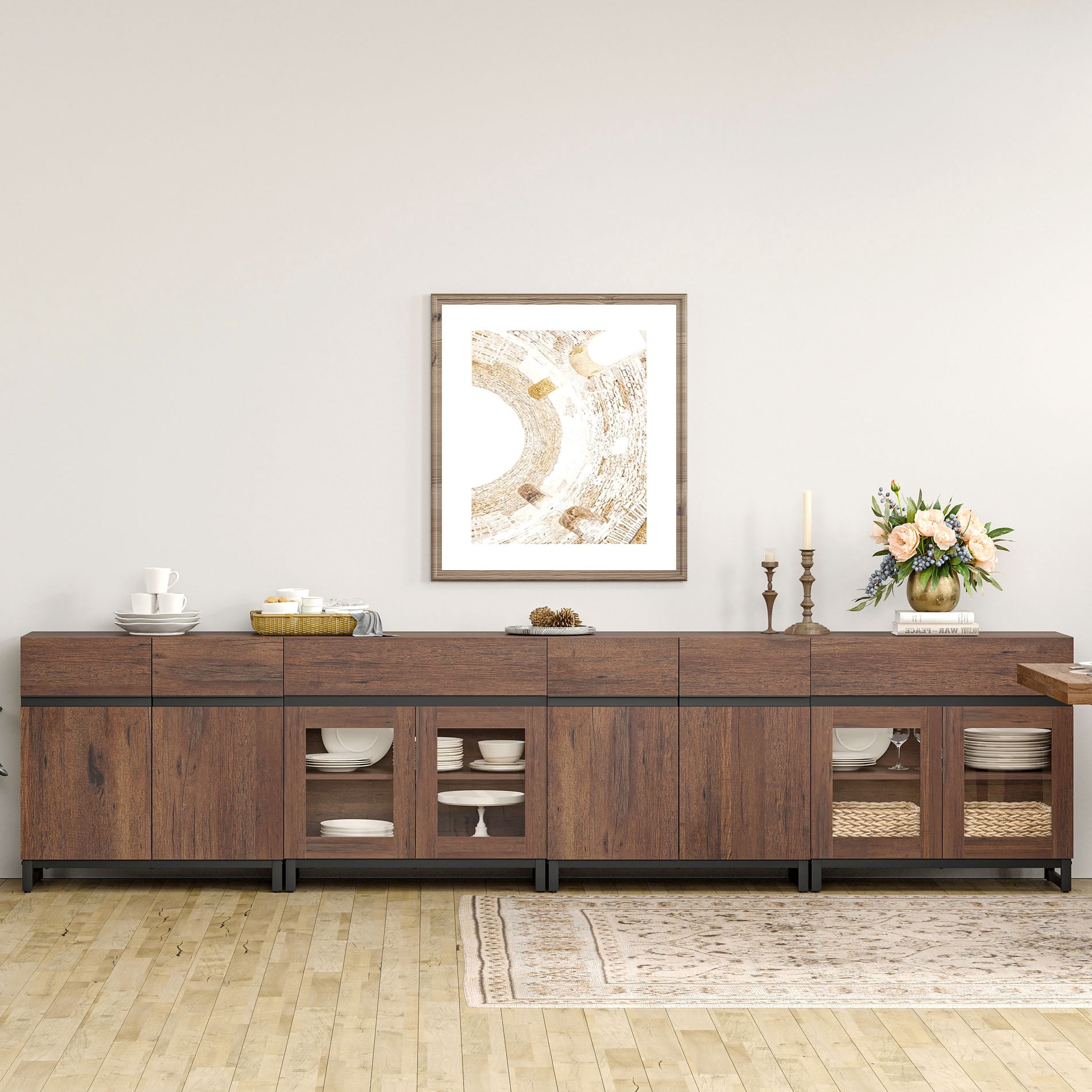 4 In 1 Sideboard Buffet Cabinets With Glass Doors And 2 Drawers, Modern Sideboard Credenza With Adjustable Shelf And Metal Base, Coffee Bar Cabinet Storage Cabinet