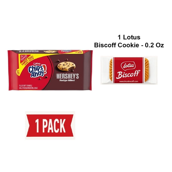 Chips Ahoy! Chewy Hersheys Fudge Filled Soft Chocolate Chip Cookies, Family Size, 14.85 Oz - Pack Of 1 & Lotus Biscoff Cookie - 0.2 Oz - 1 ct