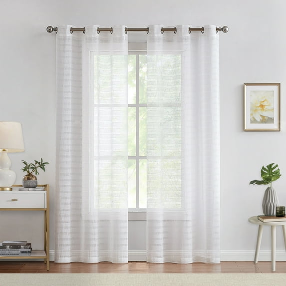 Fragrantex Semi Sheer Off White Curtain Striped Curtains 108 inch Length for Living Room Extra Long Farmhouse Window Drape Grommet Top,Off-White 40"Wx108"L,2 Piece