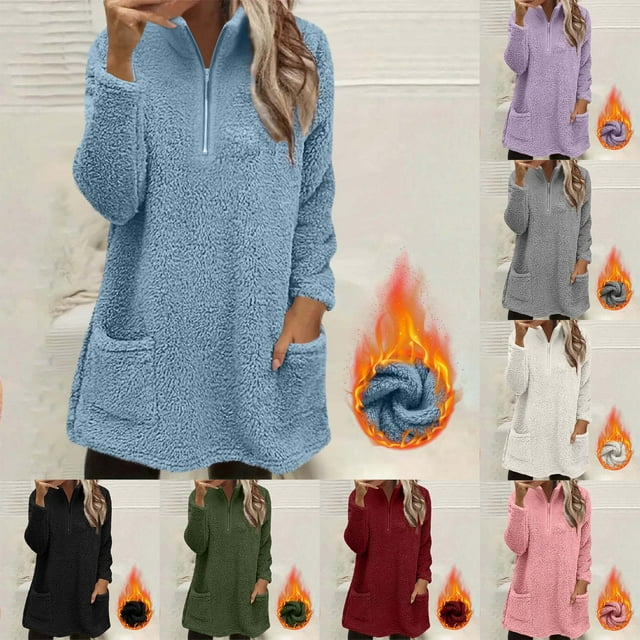 yoeyez Chandails en Peluche pour Femmes d'Hiver en Molleton Duveteux à Enfiler Col Ras du Cou Manches Longues Tunique Chaude Confortable Moelleuse Pyjama Tenue de Détente Haut avec Poches Vert Armée, TG