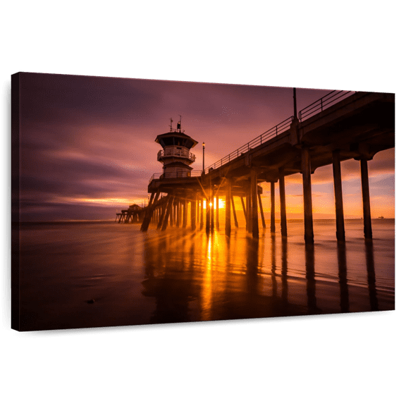 Elephant Stock Sunset At Huntington Beach Pier Wall Art - Horizontal Canvas Wall Art - Living Room Wall Decor - Nautical Canvas - Brown And Orange Decor - 12" x 8"
