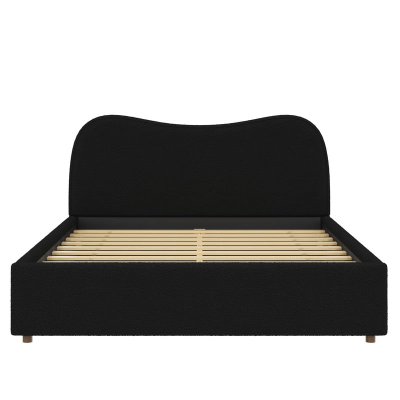 Queen Size Boucle Upholstered Platform Bed with Wooden Slats, Short Legs Low-Profile Bed Frame with Curved Headboard