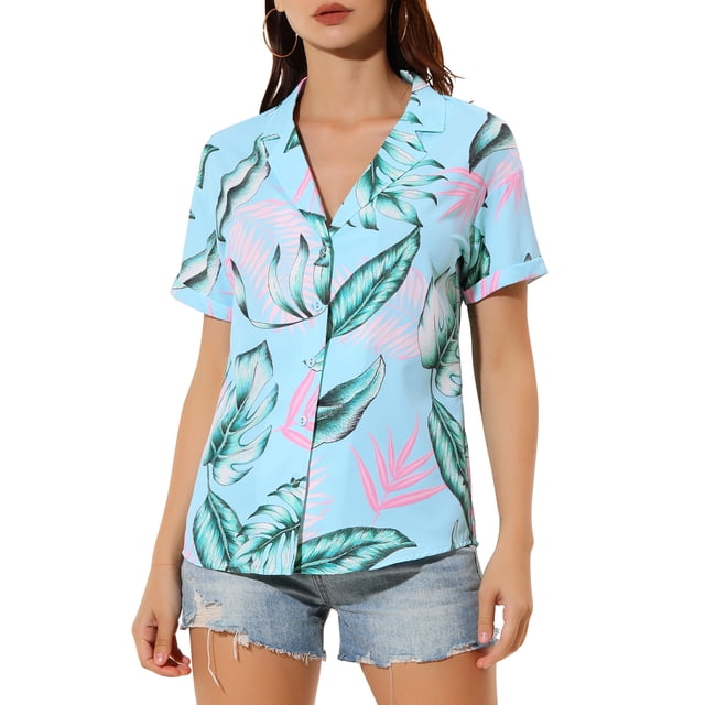 CAMISAS DE MUJER INSPIRADAS CHIC Hawaianas de Manga Corta Tropical Floral con Botones S Azul Rosa