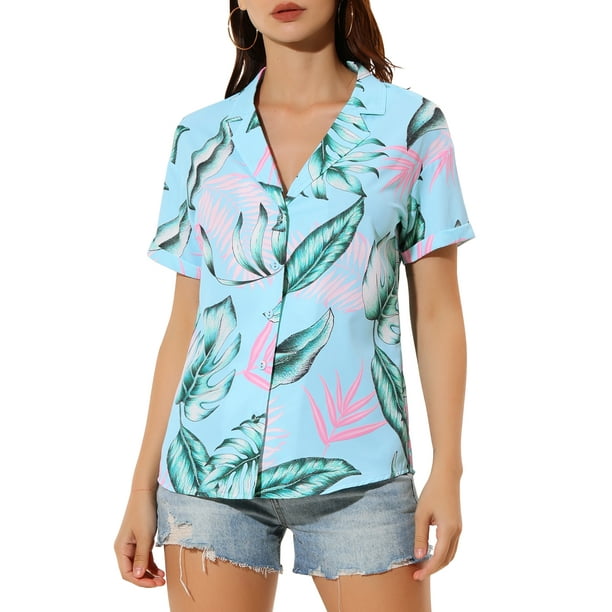 CAMISAS DE MUJER INSPIRADORAS CHIC HAWAIANAS DE MANGA CORTA TROPICAL FLORAL CON BOTONES TALLA XL AZUL ROSA
