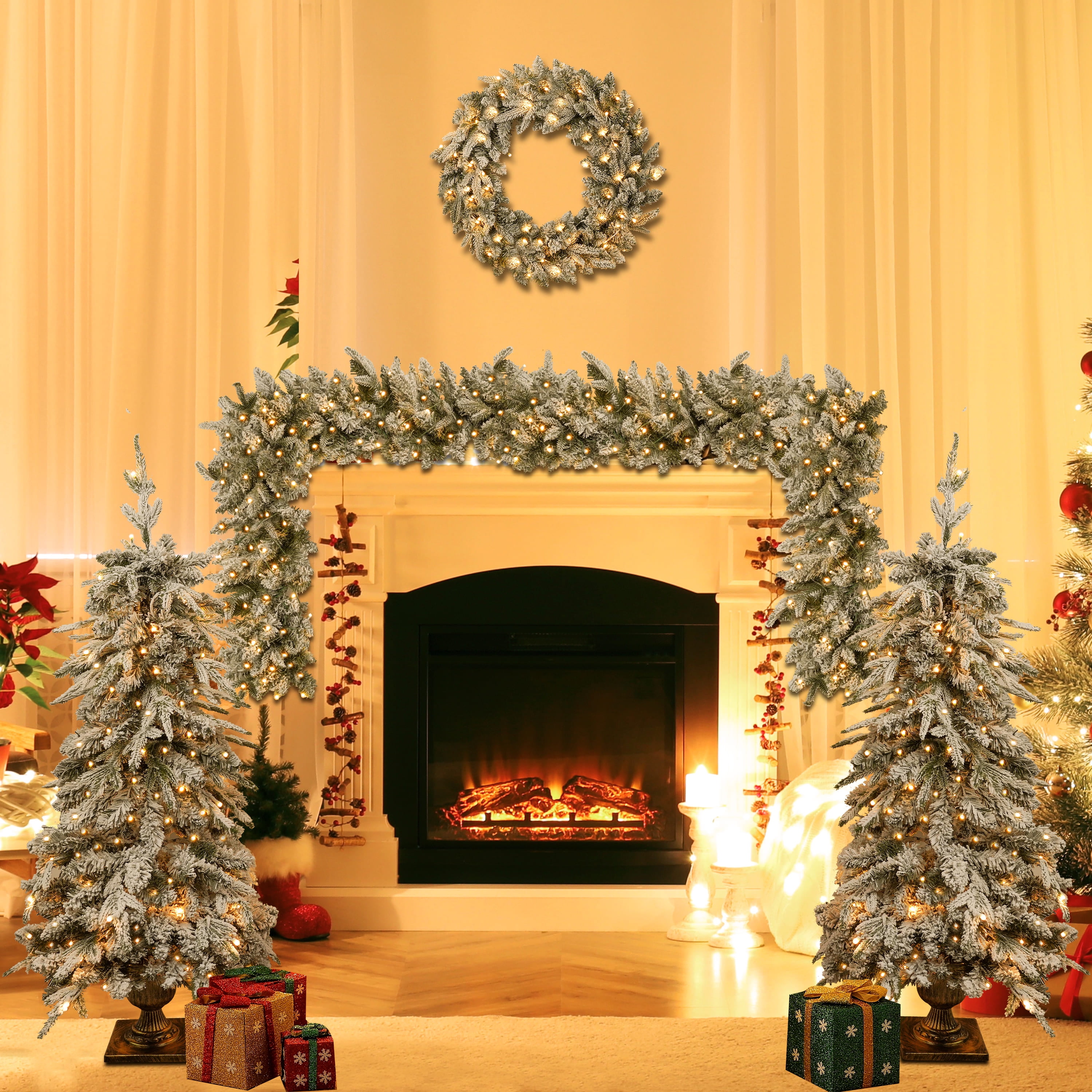 4-Piece Prelit Christmas Tree Set 330 Warm White LED Lights 840 Tips Entrance Tree Garland Wreath Indoor Decor