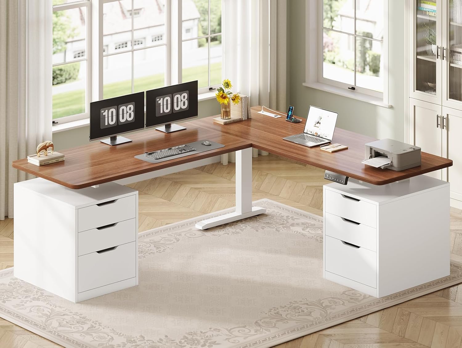 L Shaped Electric Standing Desk with 3 Memory Heights, 66.9" x 57.1" Height Adjustable Office Computer desk, Modern Stand Up Office Desk with 6 Drawers for Home Office, Living Room, Bedroom