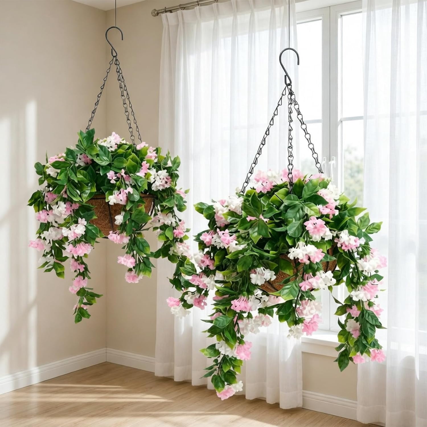 15" Faux Crepe Myrtle Hanging Baskets – Set of 2, 2026 improvements Artificial Hanging Flowers for Outdoors, UV Resistant Realistic Flowers, Faux Greenery for Indoor (Purple)