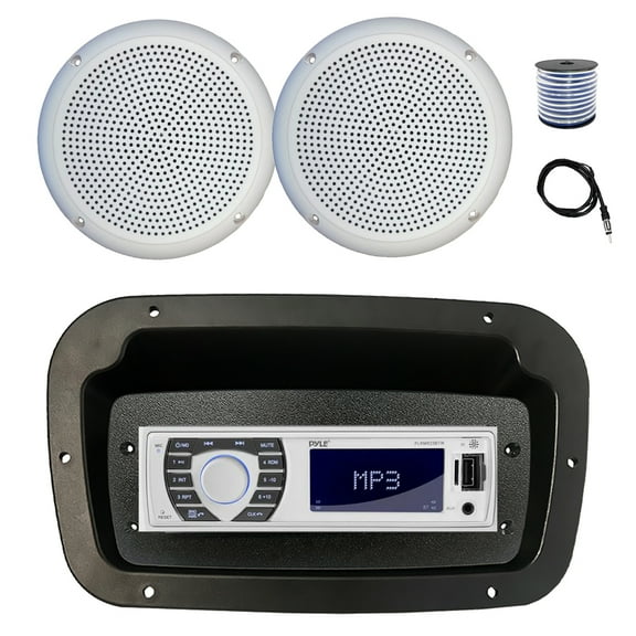 Pyle PLRMR23BTW Single DIN Bluetooth Marine MP3 Stereo Receiver, Spa bezel, Adapter Plate, 22" Radio Antenna, Wire, 2x 5.25" 20 Watt Max Polycone Audio Speakers (White, Bulk Packaging)