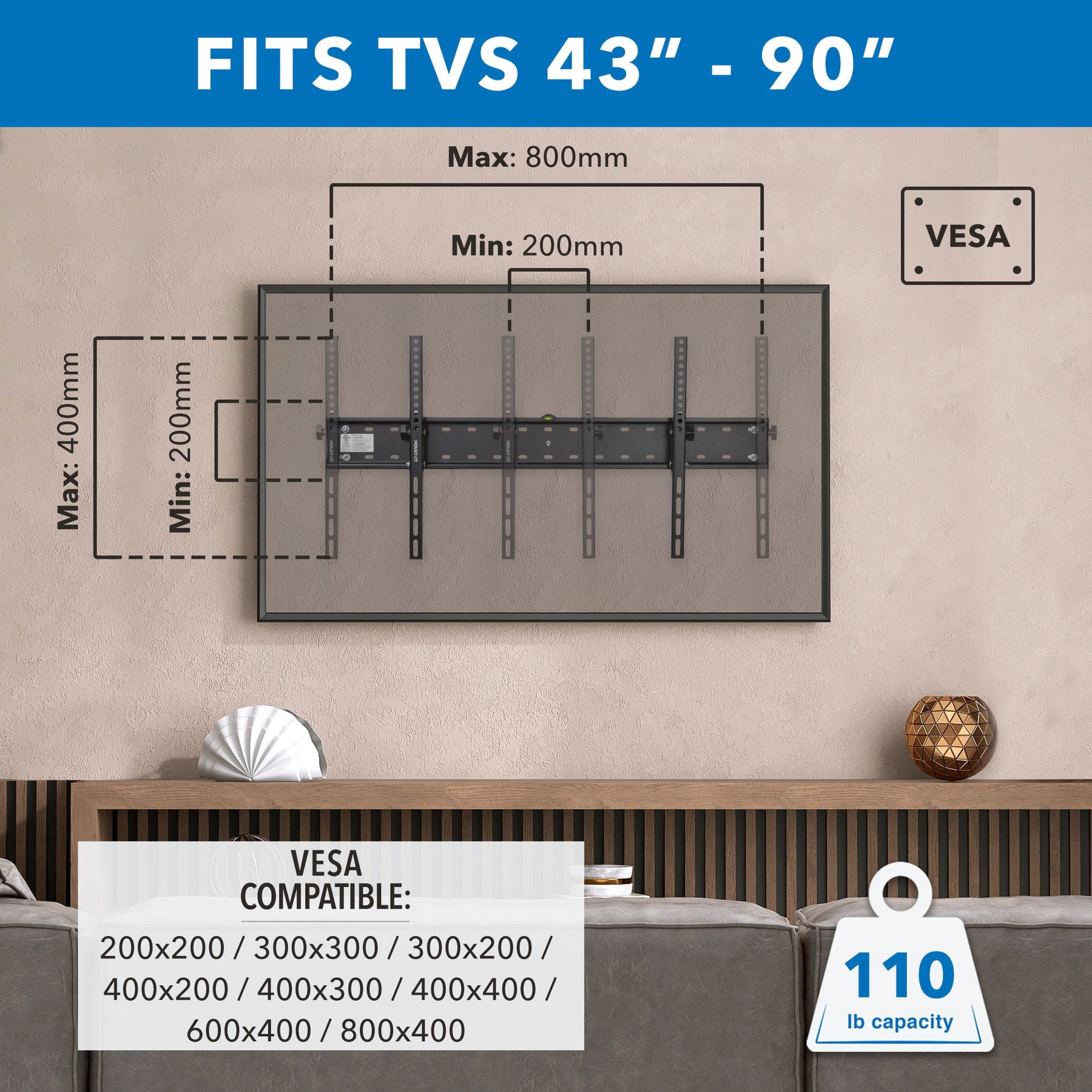 Mount-It! UL Certified Tilting TV Wall Mount, Fits sizes 43" to 90"