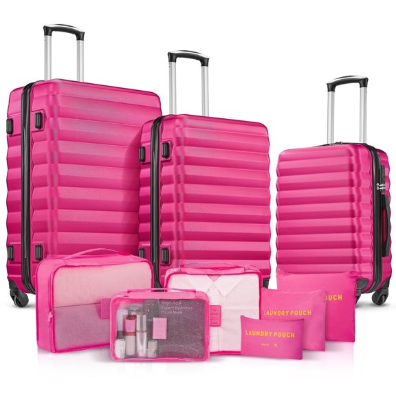 9 Piece Luggage Sets, Hard 20 24 28 inch Luggage with 6 Pieces Organize Bags Travel Suitcases Sets with Wheels, Rose