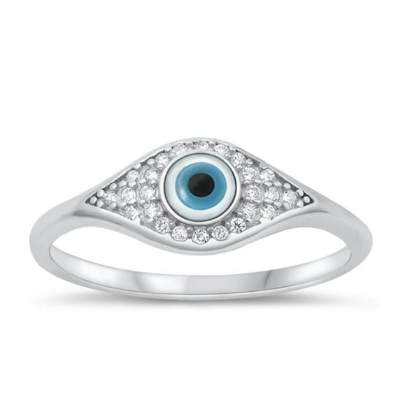 Clear CZ Simulated Mother of Pearl Evil Eye Ring .925 Sterling Silver Band White Female Size 5