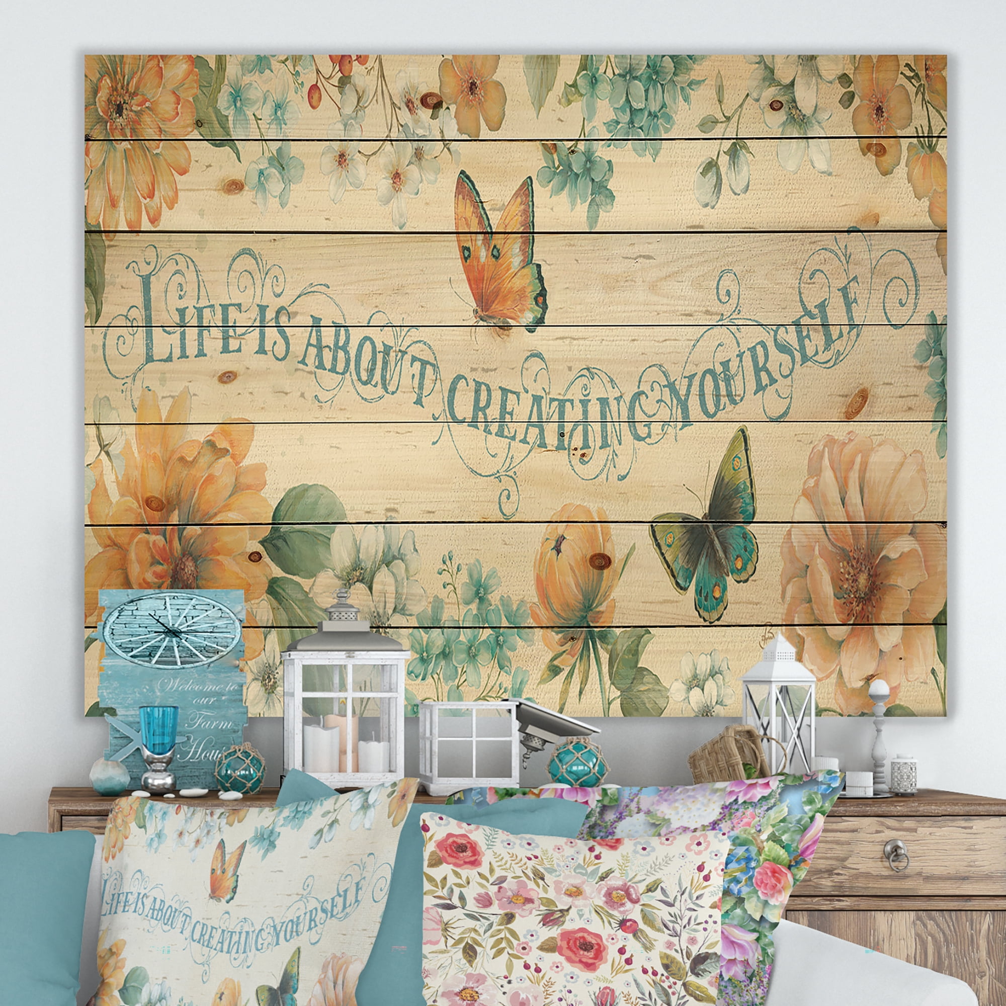 Designart Butterfly Bloom Lovely Quote Farmhouse Print on Natural Pine Wood Art Print, 20" x 12"