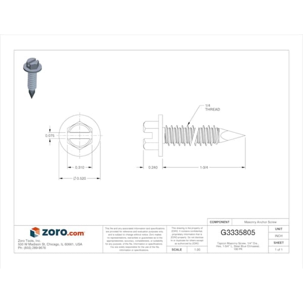 Tapcon Concrete Anchor Screw,Hex,1/4 in,PK100 3155407
