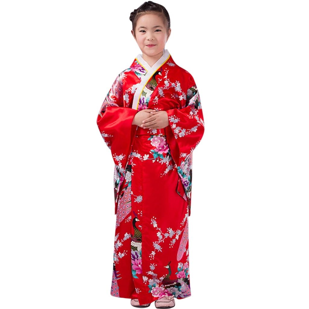 FAVIPT Kids Kimono Robe Japanese Traditional Costume Girls Satin Tops ...