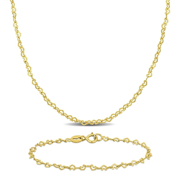 Everly Women's 14kt Yellow Gold 2mm Heart Link Chain Necklace & Anklet Set - 16 in 9 in