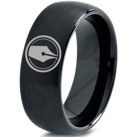 Tungsten Writing Writer Ink Fountain Pen Band Ring 8mm Men Women Comfort Fit Black Dome Brushed Polished