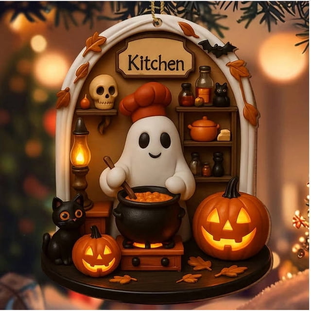 Adorno acrílico de fantasma adorable para Halloween | Colgante decorativo espeluznante para la esquina de lectura | Decoración del hogar caprichosa | Escena del Gato Negro de la Linterna | 1 pieza