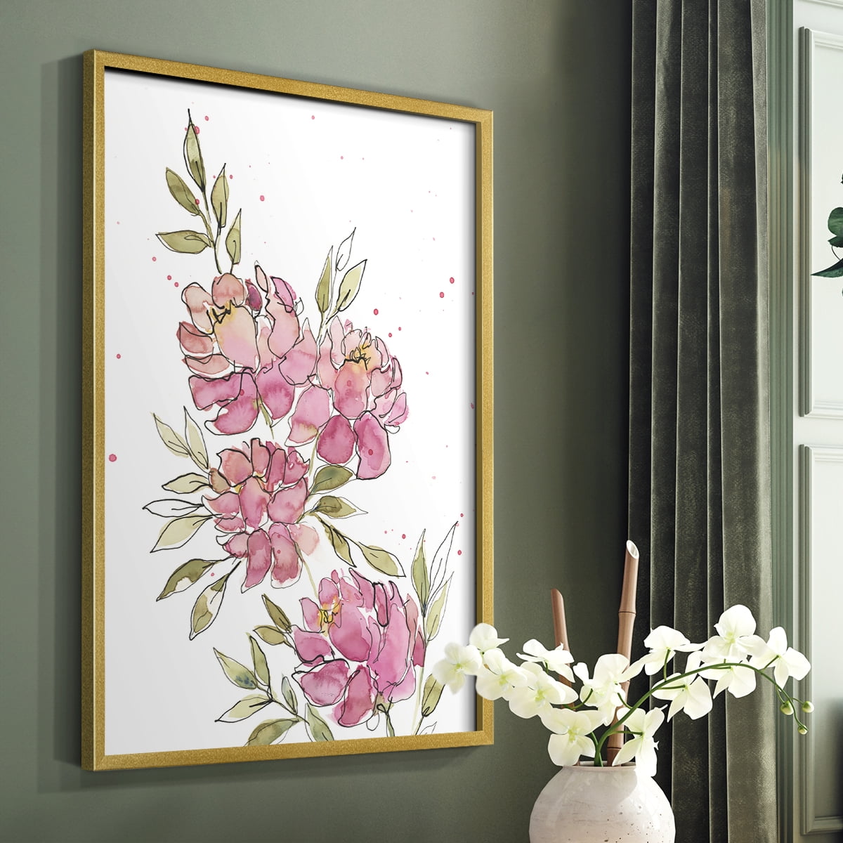 Watercolor Blooms I Framed Print in Gold Solid Wood 22 x 28 Framed Print