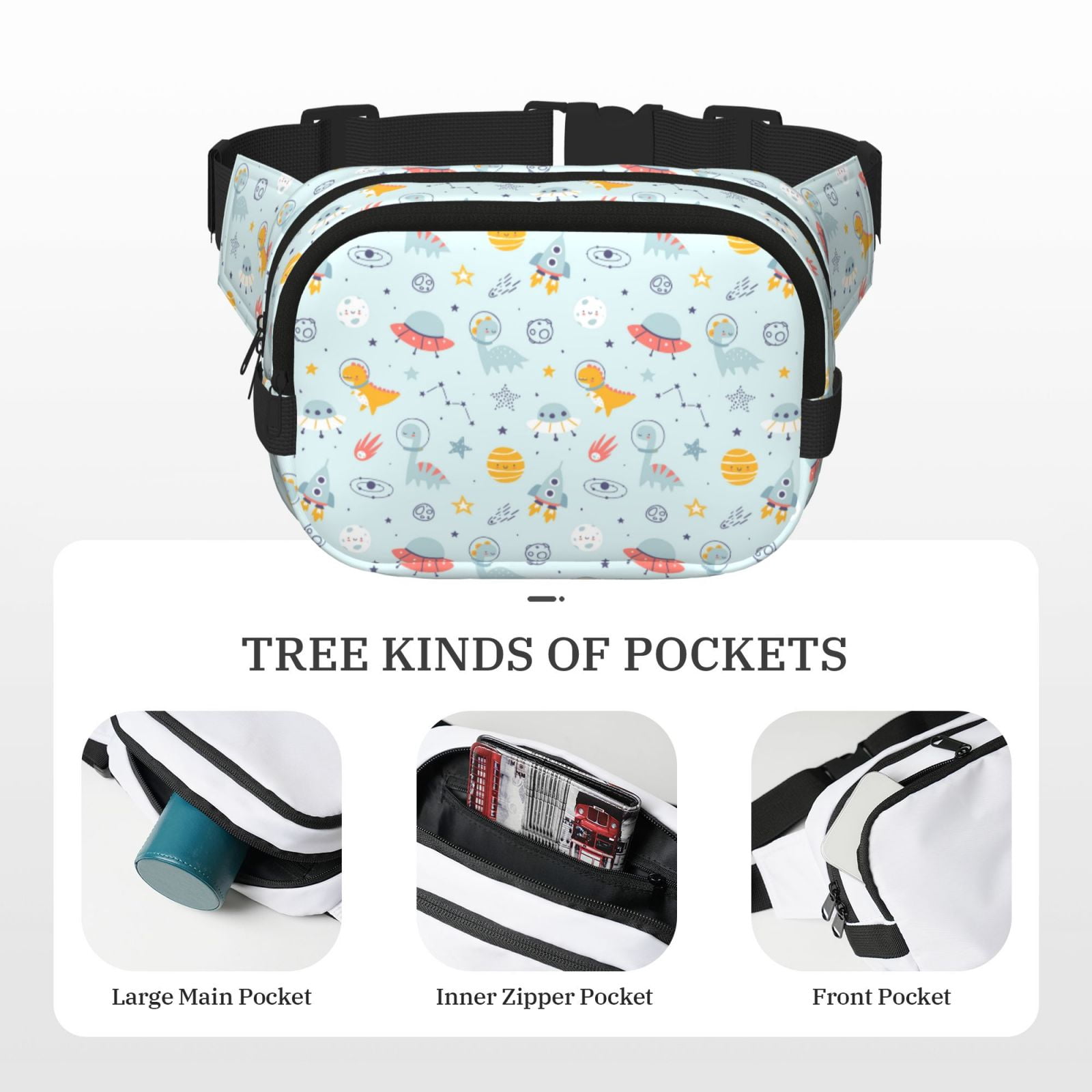 Picia Space With Dino Astronauts Print Square Double-Layer Waist Bag Mini Adjustable Waist Belt Bag Exercise Running Travel Hiking