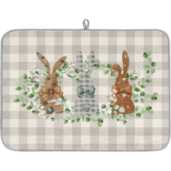 Easter Dish Drying Mat for Kitchen Counter, Bunny Buffalo Plaid Dish Drainer Mat Absorbent Non Slip Drying Mats Pad Coffee Bar Mat, 18x24 in