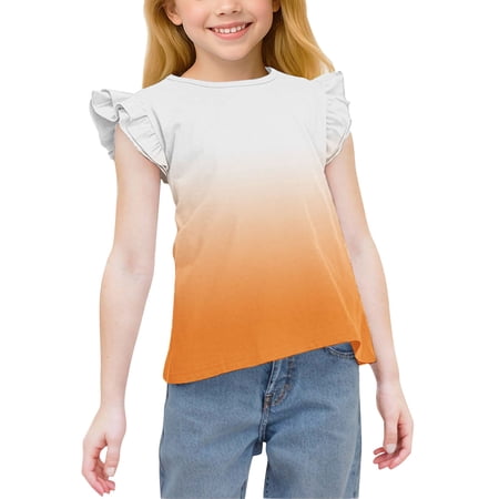 IFNWSV Girls T Shirts Kids Shirts Cute Ruffle Sleeve Crew Neck Casual Tees Suit for 3-15 Years Orange 12 Years