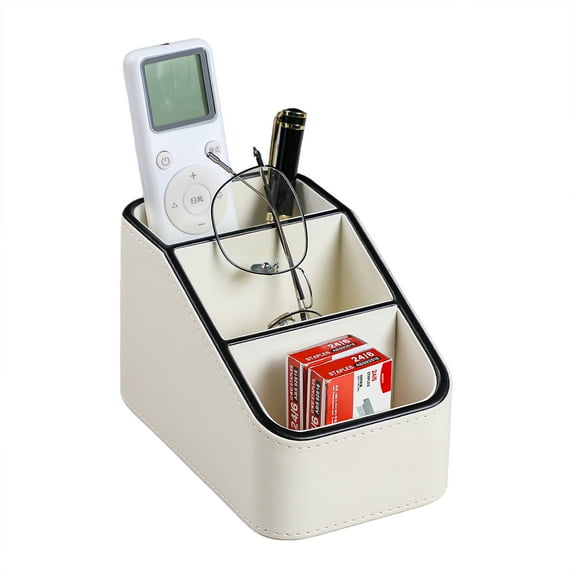 PU Leather Remote Control Holder, Small Desk Organizer Office Supply Bedside Caddy for Nightstand End Table Couch, Pen Remote Organizer with 3 Compartments (Cream)