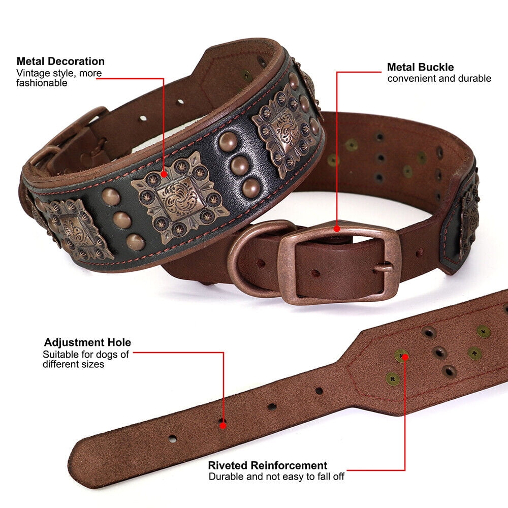 Beirui 2 inch Wide Padded Genuine Leather Dog Collar Strong Heavy Duty Studded Collars Adjustable for Medium Large Dogs German Shepherd