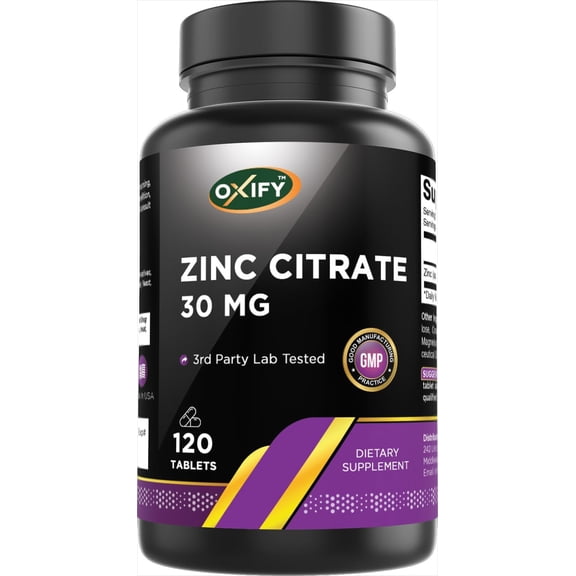Oxify Zinc Citrate 30 mg | 120 Tablets | Gluten-Free, Non-GMO | Supplement Made in USA